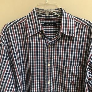 Nautica Blue Maroon White Button Down Shirt Size L